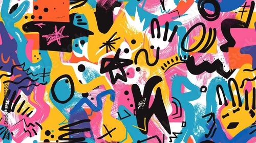 free shape fun punk pop rock funk styles elements with color splash abstract background, seamless pattern tile