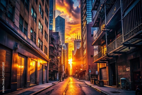 Silhouette of Buildings in City Alleyway at Sunset - Urban Night Scene Stock Photo
