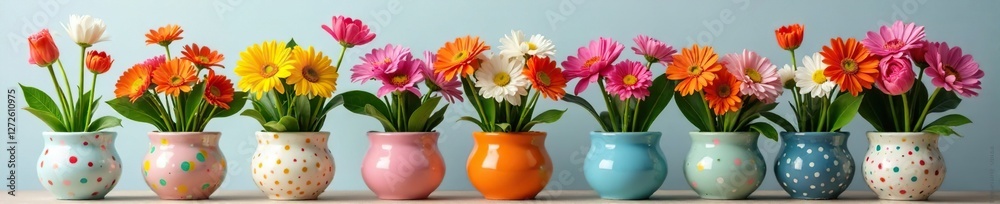 Blooming flowers in a colorful ceramic pot with polka dots, vases, growth Blooming flowers in a colorful ceramic pot with polka dots, vases, growth
