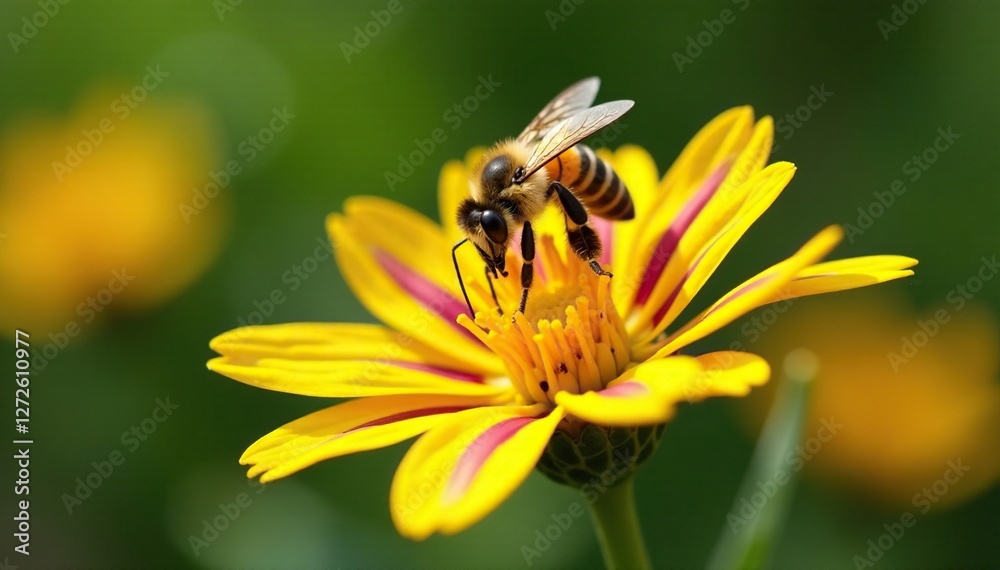 Bee sipping nectar from a bright yellow flower with purple stripes, entomology, flowers, insects Bee sipping nectar from a bright yellow flower with purple stripes, entomology, flowers, insects