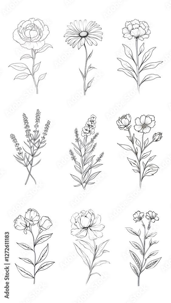 Fototapeta premium Line art flower png cut out set