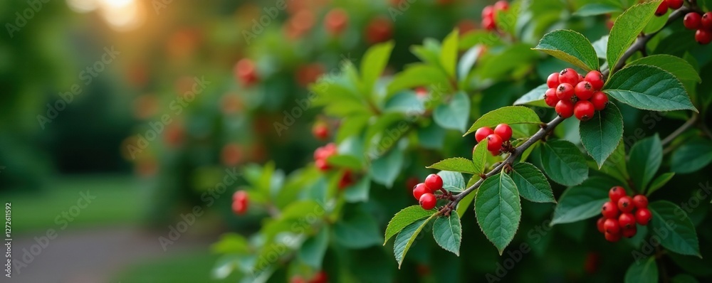 Berberis julianae shrub with dark green leaves and red berries in a garden environment, plant, nature Berberis julianae shrub with dark green leaves and red berries in a garden environment, plant, nature