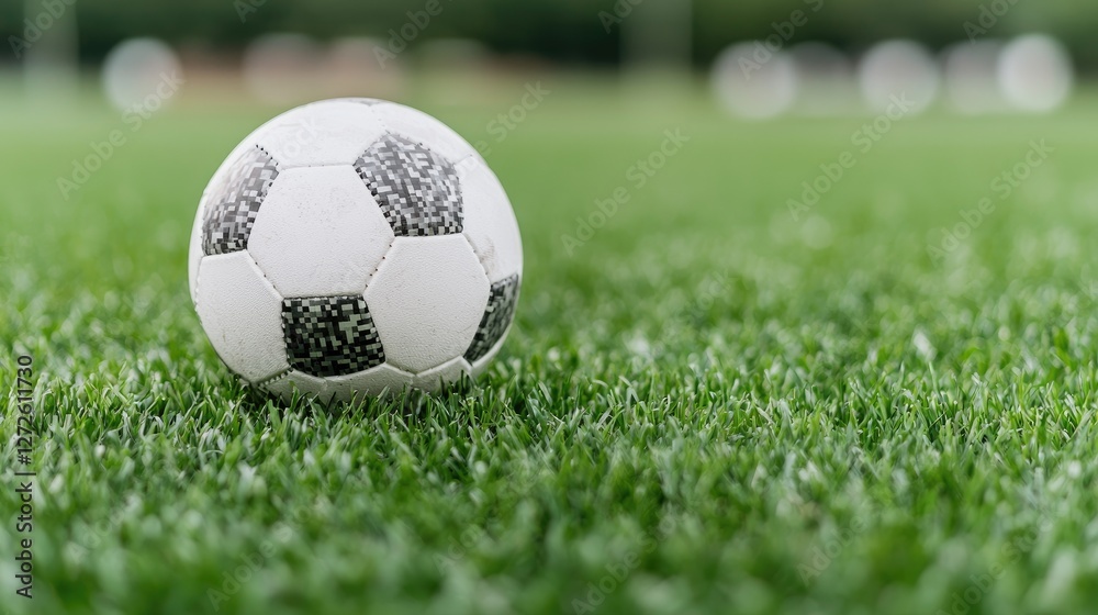 Obraz premium Classic soccer ball resting on a lush green grass field during a bright day.