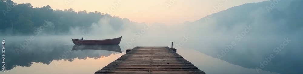 Fototapeta premium Wooden dock and a small wooden boat in the foggy lake, lake, morning, fog