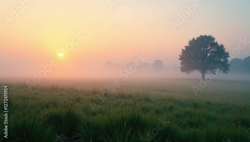 Soft fog gently settles over the meadow landscape at dawn, mist, meadow, fog