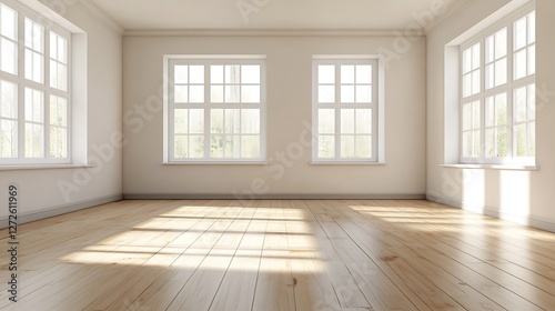 Empty and Bright Room with Large Windows Showing Natural Light and Minimalistic Design : Generative AI