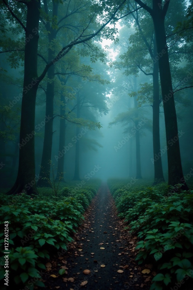 Dark foliage in dense fog shrouds the forest floor, dark, damp Dark foliage in dense fog shrouds the forest floor, dark, damp