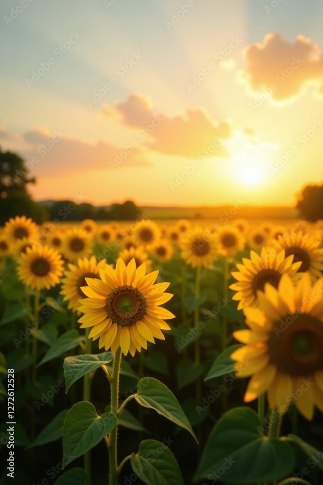 Obraz premium Soft focus capturing golden hour in sunflower field, sunflowers, field