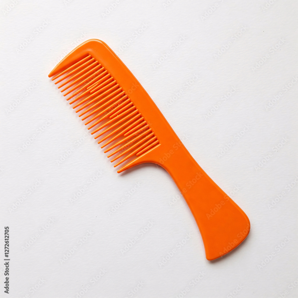 Orange plastic comb on white background. Top view. Flat lay. Orange plastic comb on white background. Top view. Flat lay.