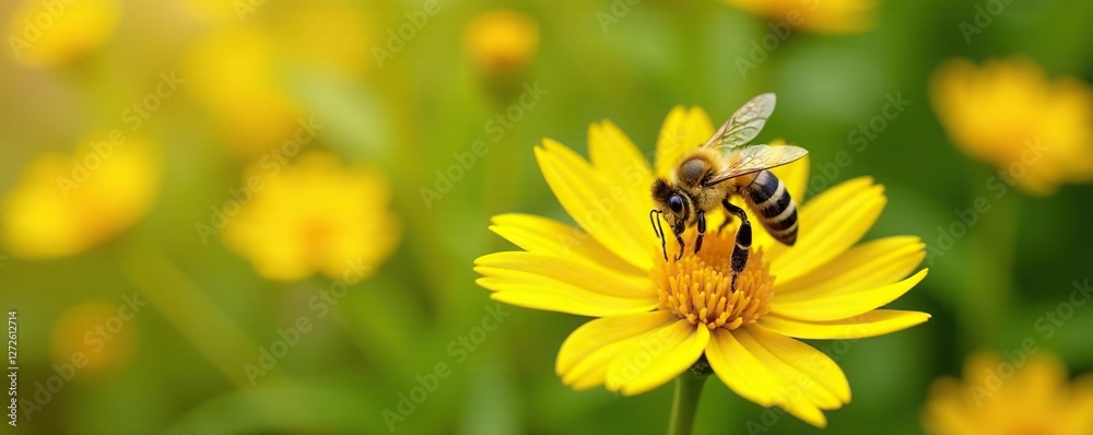 bee collecting pollen from a patch of cornflowers, yellow, flowers bee collecting pollen from a patch of cornflowers, yellow, flowers