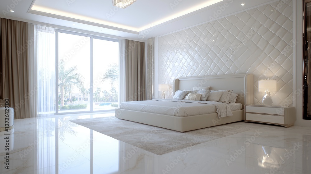 Fototapeta premium Luxurious bedroom suite overlooking pool