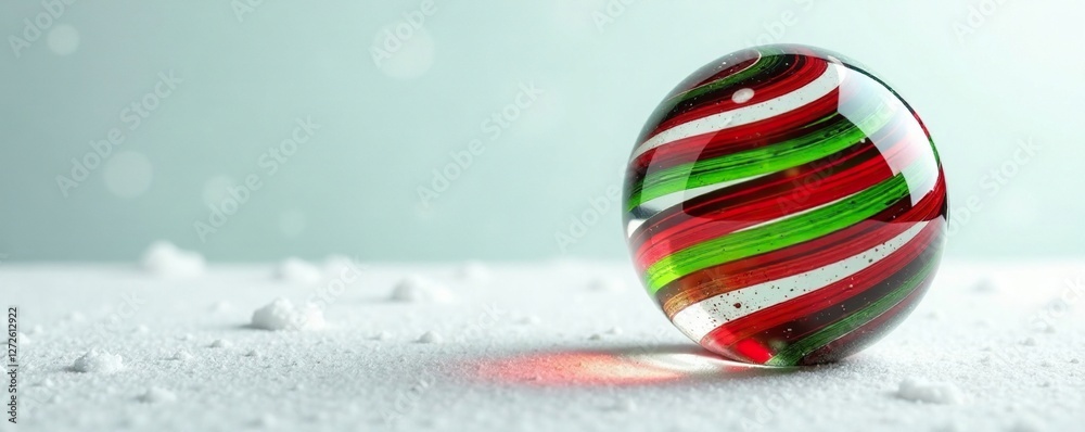 Fototapeta premium Red and green striped glass ball on a frosted white background, ball, frosted