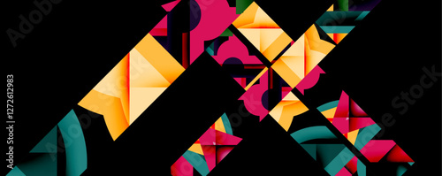 Abstract geometric artwork with interwoven angular and curved shapes, dynamic composition with smooth gradients and bold contrasts