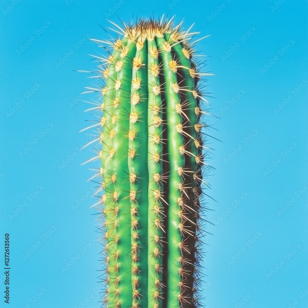 Tall green cactus against a clear blue sky, showcasing its vibrant spines and natural beauty Tall green cactus against a clear blue sky, showcasing its vibrant spines and natural beauty