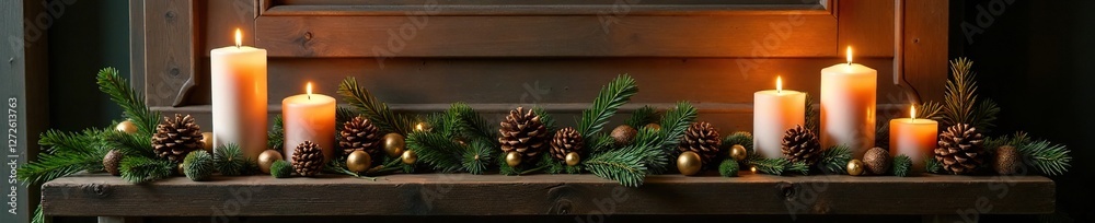 Wooden mantelpiece with candles, pinecones, and evergreen branches, winter, seasonal, rustic