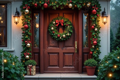 Wooden door entrance with festive evergreen wreath and ornaments, garland, decorative, tinsel