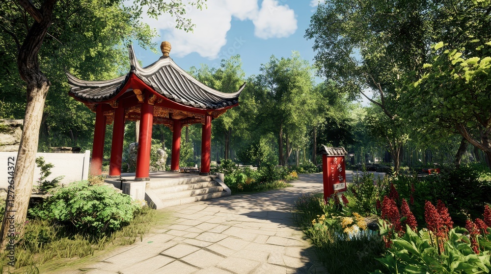 Fototapeta premium Red Pavilion Garden Path Tranquil Asian Landscape