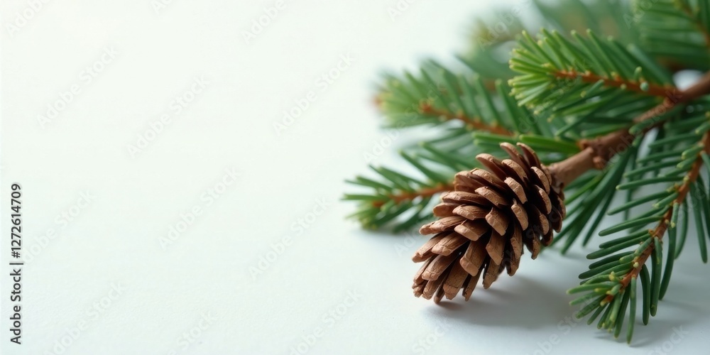 Fototapeta premium A Delicate Pine Cone and Evergreen Branch Resting on a Smooth Surface