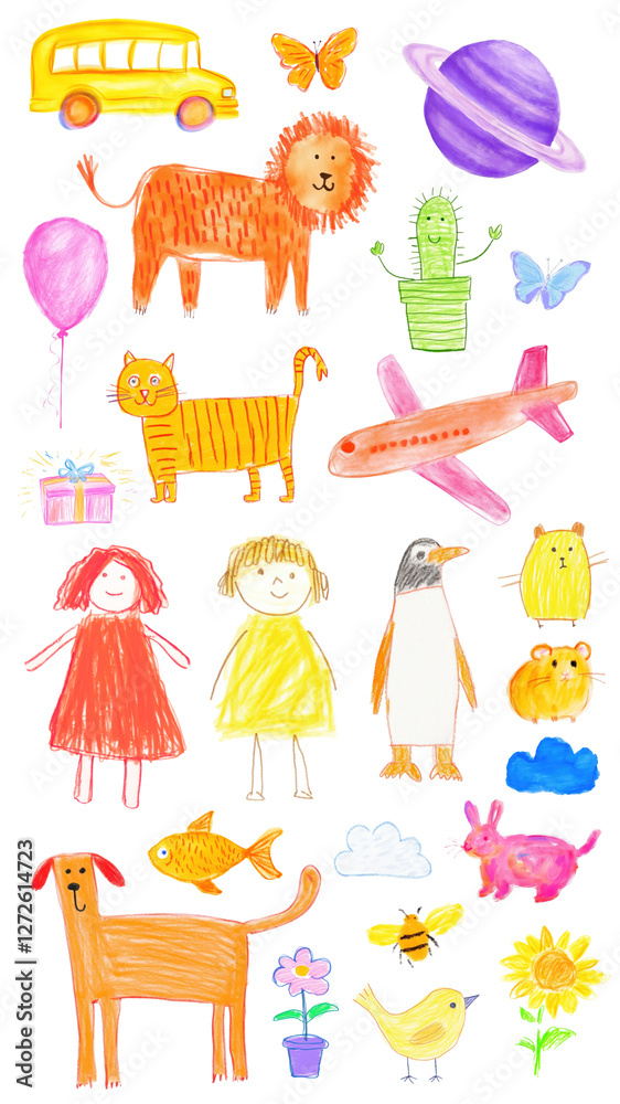 Fototapeta premium PNG kid drawings in crayon set, transparent background