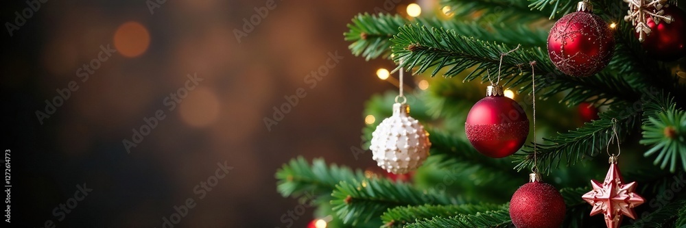 Fototapeta premium Red and white snowflake garland hanging from the Christmas tree branch, branches, tree