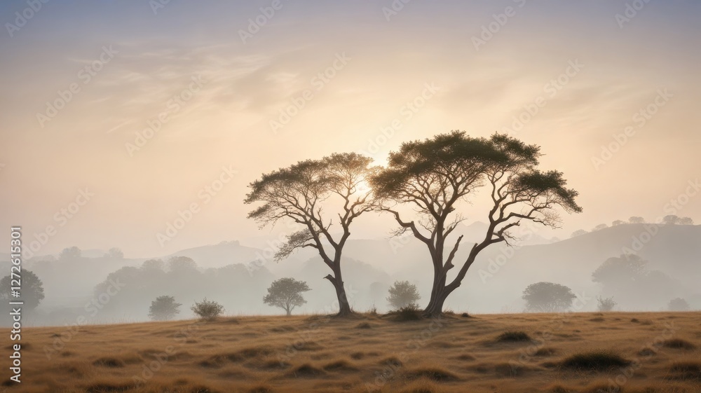 Serene Sunrise Over Misty Plains, Two Majestic Trees Stand Silhouetted Against the Golden Light Serene Sunrise Over Misty Plains, Two Majestic Trees Stand Silhouetted Against the Golden Light