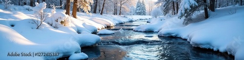 Icy stream babbles quietly through snow-covered trees, frozen, babble