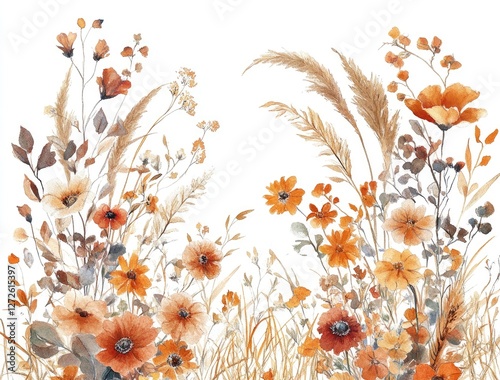 Wallpaper Mural Watercolor Autumnal Wildflowers Border, Meadow Style Torontodigital.ca