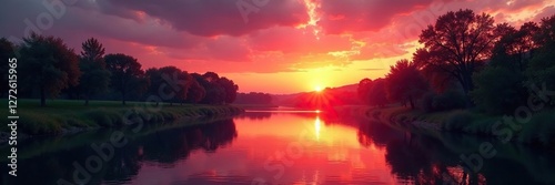 Il tramonto illumina il fiume con toni di rosso e arancione, arancia, nuvola alta, albero secco photo