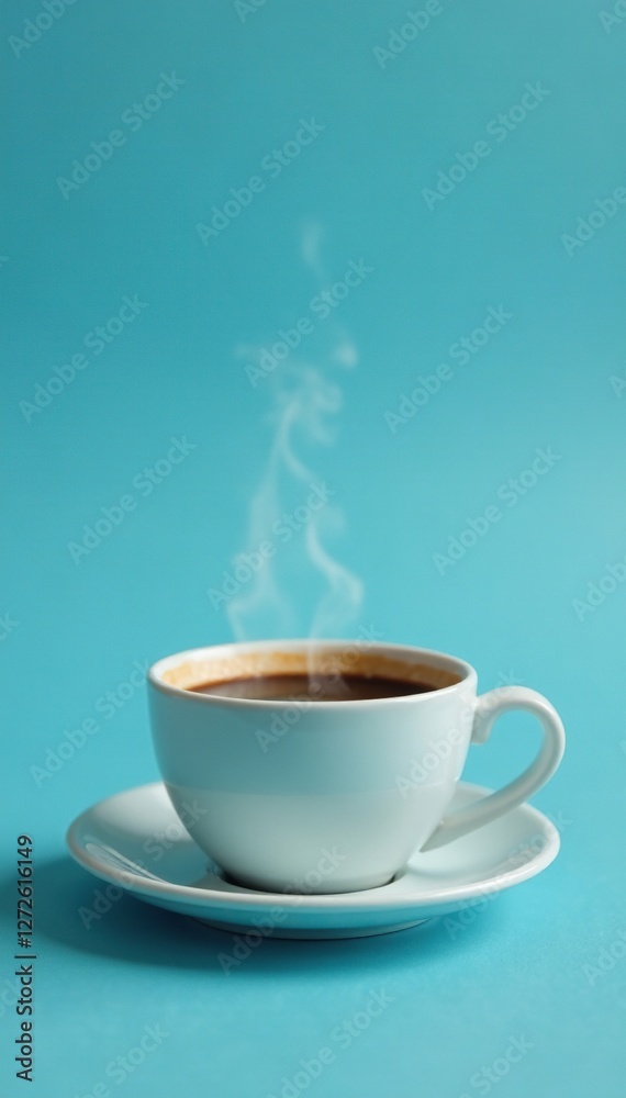 Steaming cup of coffee on soft blue background, cup, cozy atmosphere, hot beverage Steaming cup of coffee on soft blue background, cup, cozy atmosphere, hot beverage