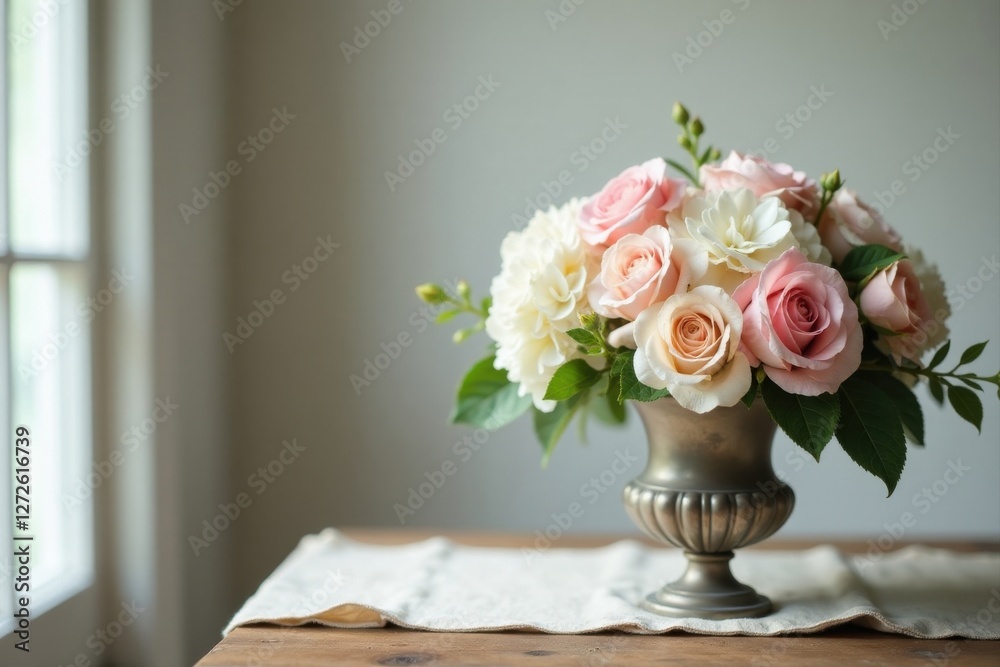 Fototapeta premium Delicate pastel roses and hydrangeas arranged in an elegant urn, resting on a rustic wooden table with a soft linen runner.