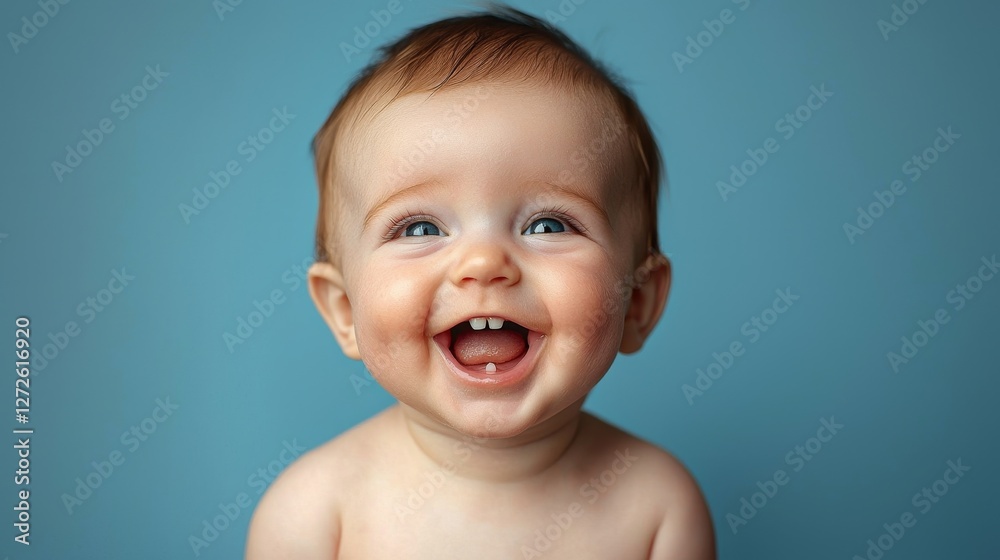 Cheerful baby smile showcasing tiny teeth bright blue background portrait photography joyful atmosphere close-up concept Cheerful baby smile showcasing tiny teeth bright blue background portrait photography joyful atmosphere close-up concept