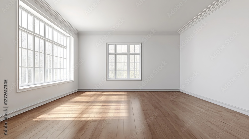 Fototapeta premium Empty bright room with large windows and wooden floor waiting for decoration : Generative AI