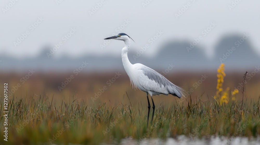 Obraz premium Grey heron stands alert in a grassy wetland meadow during an overcast day, showcasing its elegant plumage.
