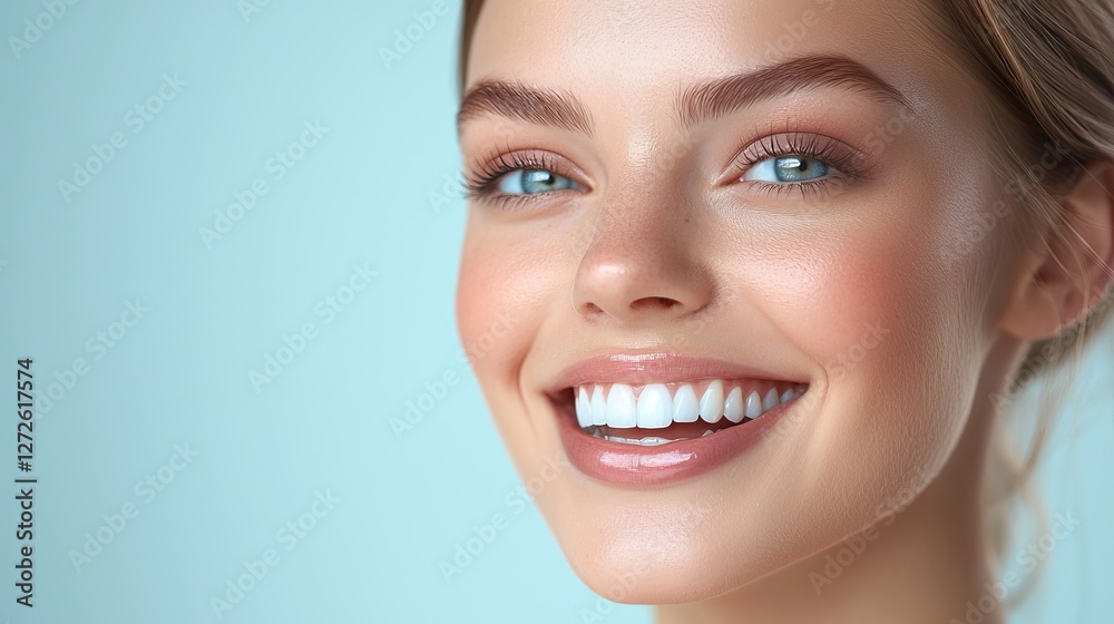 Radiant smile of a woman ice blue background dental care bright environment close-up view teeth and lip care Radiant smile of a woman ice blue background dental care bright environment close-up view teeth and lip care