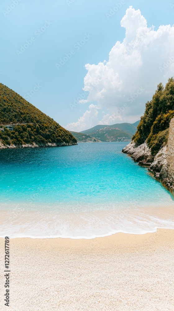 Turquoise Beach Cove, Mountains, Clouds, Sunny Day Turquoise Beach Cove, Mountains, Clouds, Sunny Day