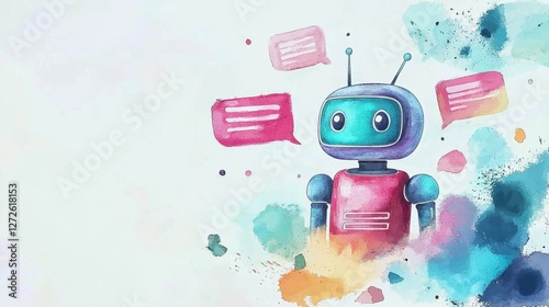 Improving customer service interactions. Colorful robot illustration with speech bubbles and abstract watercolor background.