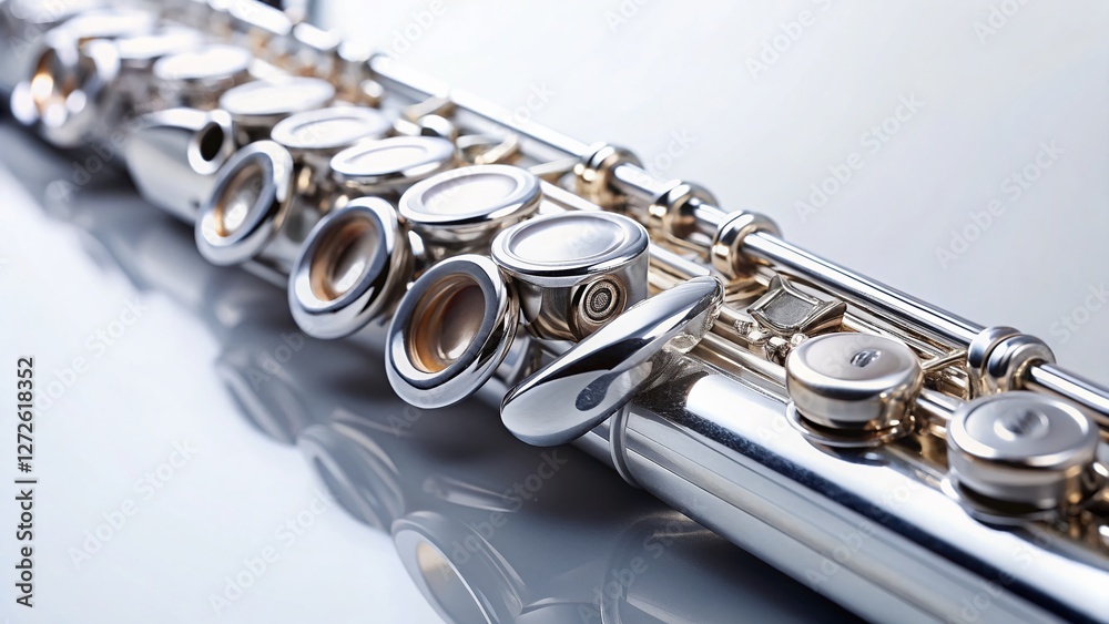 Fototapeta premium Silver Flute Detail: Close-up of a gleaming silver flute on a pristine white background, leaving ample copy space.
