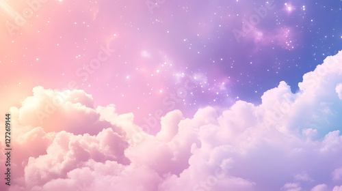 Fototapeta Naklejka Na Ścianę i Meble -  Soft pastel sky with fluffy clouds and sparkling stars