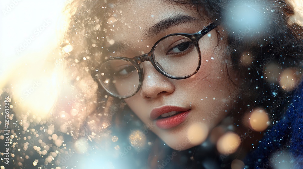 Young Woman Winter Portrait Glasses Snowflakes Bokeh Closeup Young Woman Winter Portrait Glasses Snowflakes Bokeh Closeup