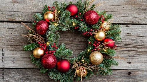 Festive Christmas Wreath with Red   Gold Ornaments  Evergreen  Lights on Rustic Wood