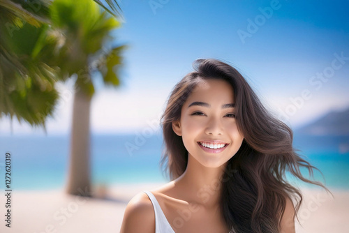 南国の美しいビーチと笑顔の女性