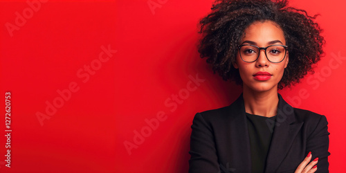 Jovem preta em fundo vermelho, com roupa social e óculos, posando com postura séria e empoderada. A imagem transmite confiança e determinação photo