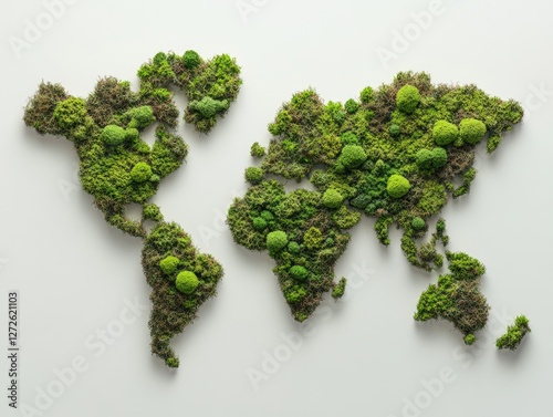 World map of moss, environmental art piece, white background photo