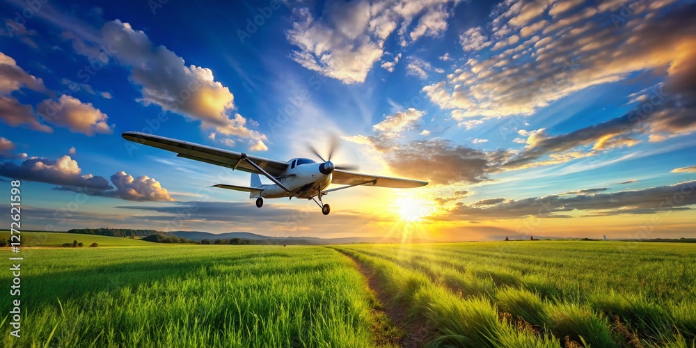 Naklejka premium Small Plane Taking Off from Grassy Field - Aerial View