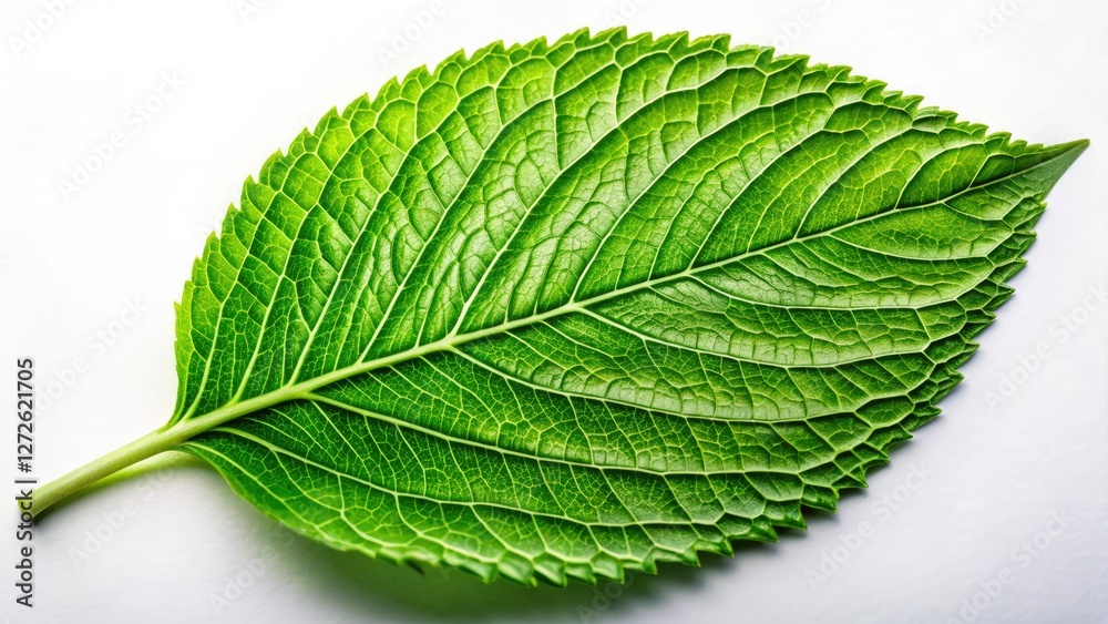 Fototapeta premium High-resolution macro photo of a green leaf against a stark white background; minimalist botanical studio shot.