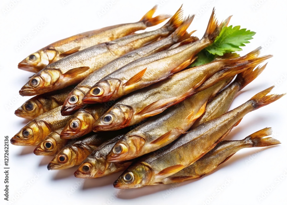 Smoked Smelt Fish Appetizer - Heap of Delicious Beer Snack on White Background Smoked Smelt Fish Appetizer - Heap of Delicious Beer Snack on White Background
