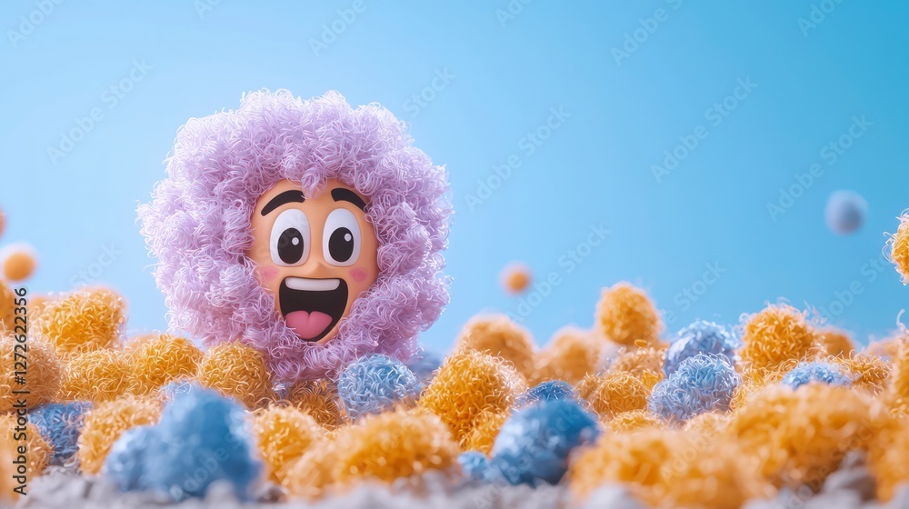 Fototapeta premium Happy Cartoon Character in Colorful Fluffy Landscape