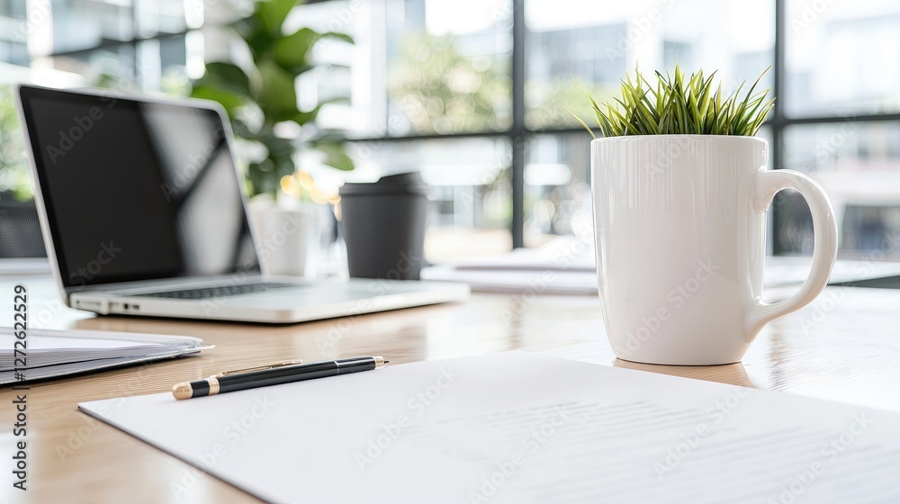 Office desk with documents, laptop, and plant. Modern workplace background Office desk with documents, laptop, and plant. Modern workplace background