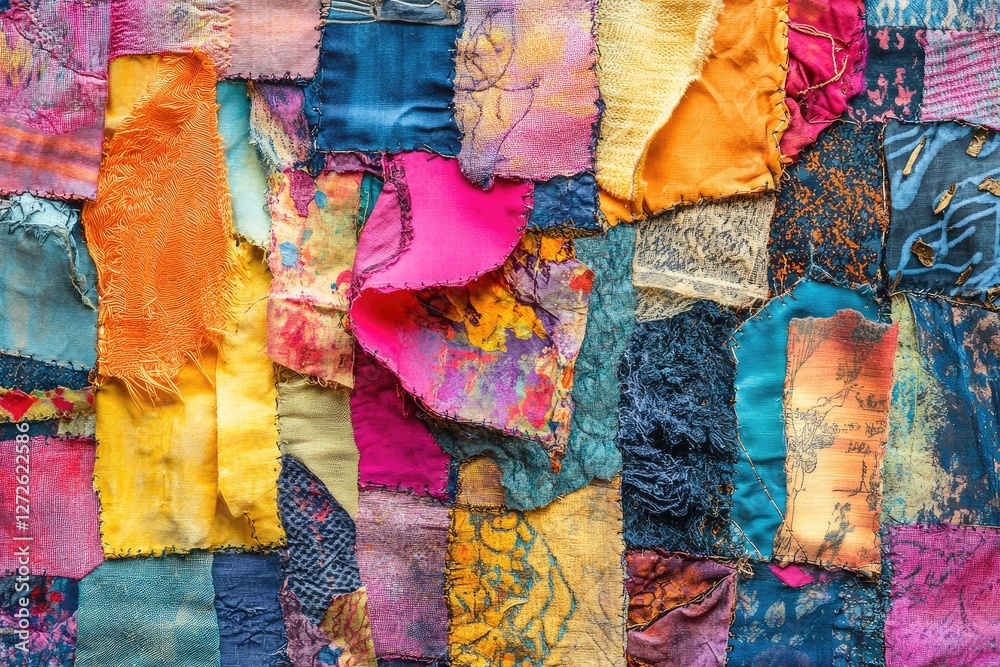 A vibrant collage of fabric scraps in various textures and patterns, artfully arranged to create a visually rich tapestry A vibrant collage of fabric scraps in various textures and patterns, artfully arranged to create a visually rich tapestry
