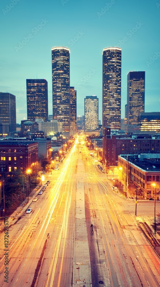 Obraz premium Vibrant cityscape at dusk showcasing illuminated skyscrapers and busy streets